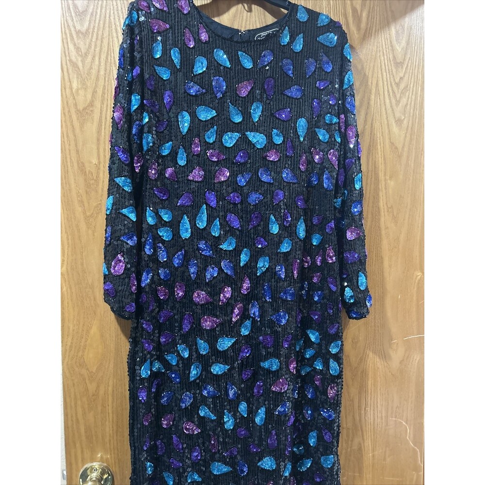 vintage JEAN FOR JOSEPH LE BON sequence embellished DRESS size XL 100% silk